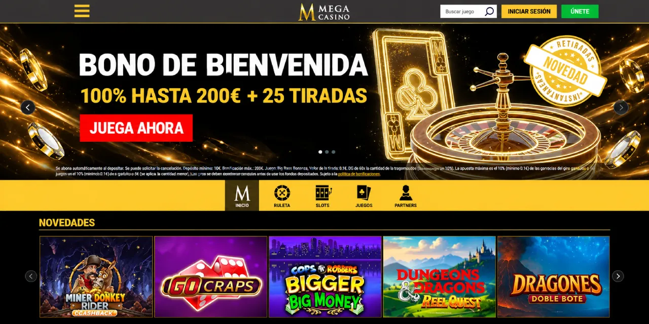 Mega Casino bono de bienvenida 100% tiradas gratis ruleta y juegos de slots España