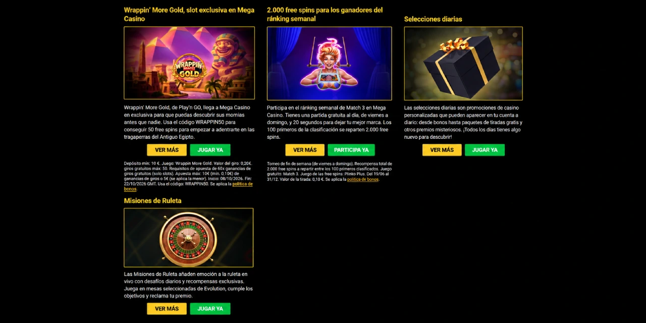 Mega Casino promociones tiradas gratis selecciones diarias y misiones de ruleta España